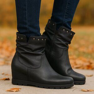 Italian Black leather studded hidden wedge ankle booties by agora size 41